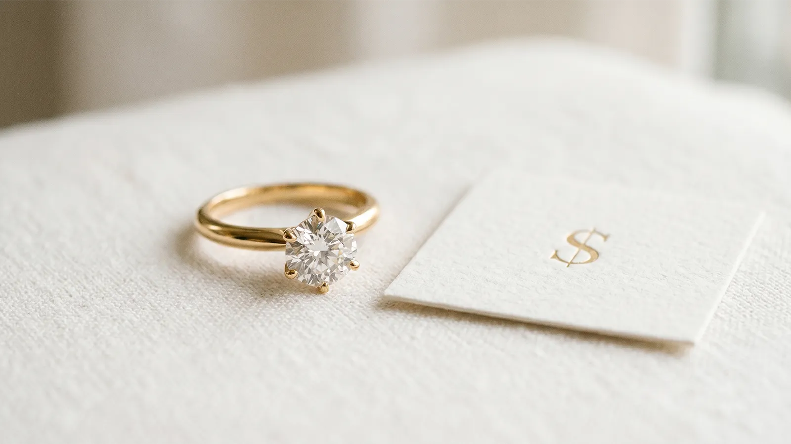 Clean editorial still life suggesting the DiamondCodes mission — a single ring on a neutral surface