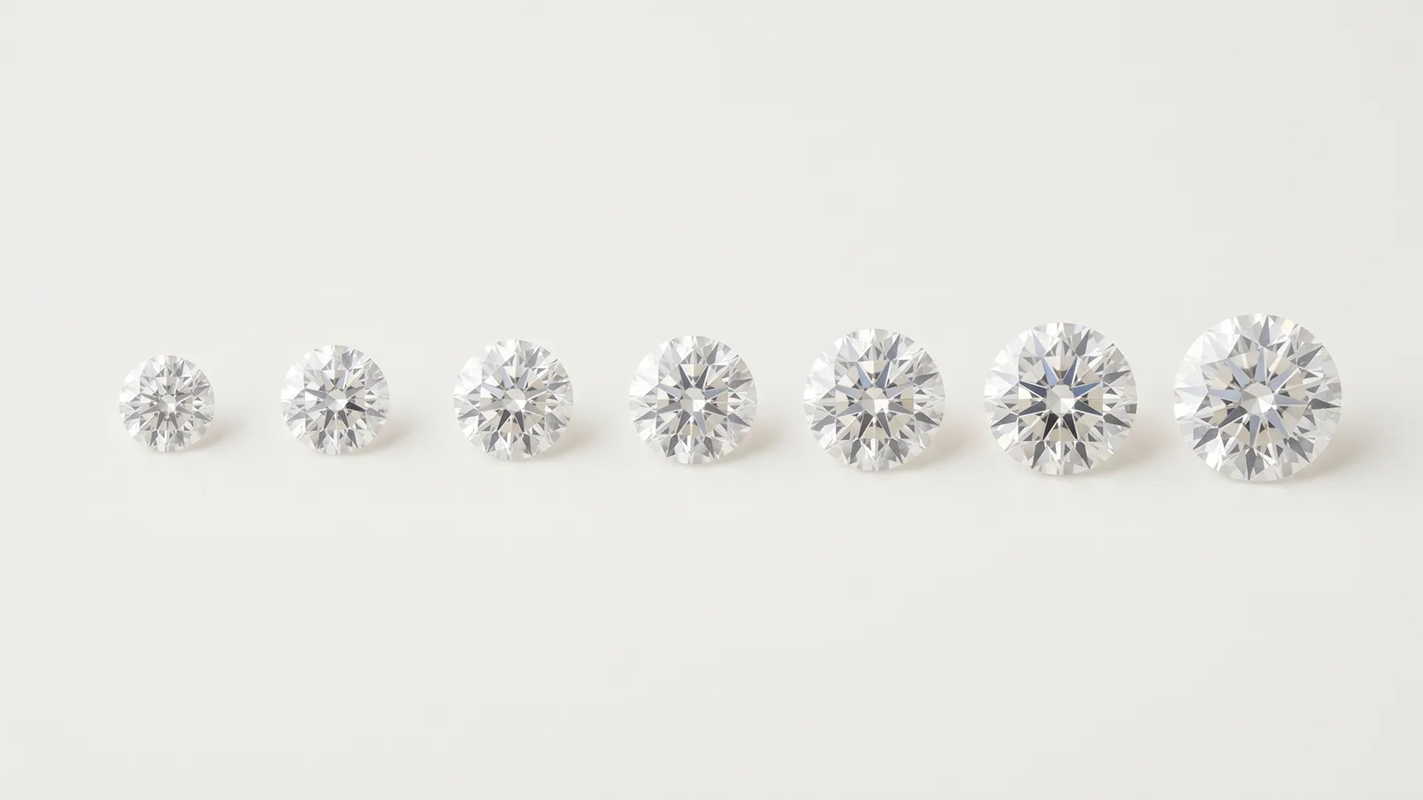 Row of round diamonds from 0.5 carat to 3 carats shown at actual size with millimeter measurements below each
