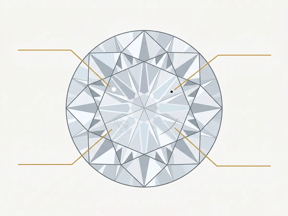 Diagram showing inclusion types — crystal, feather, cloud, pinpoint — and their position in a diamond