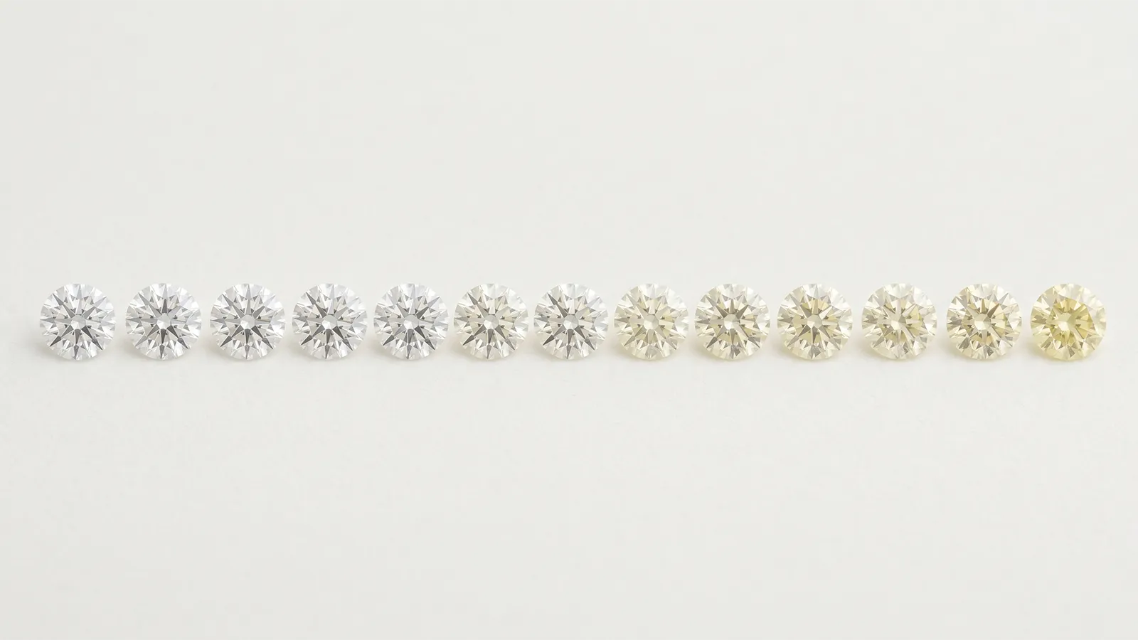 Horizontal row of diamonds graded D through Z showing the color gradient from colorless to light yellow