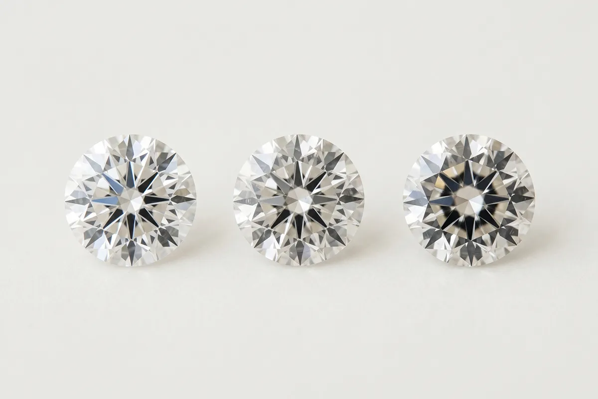 Side-by-side comparison of Excellent, Very Good, and Fair cut round brilliant diamonds showing light return differences
