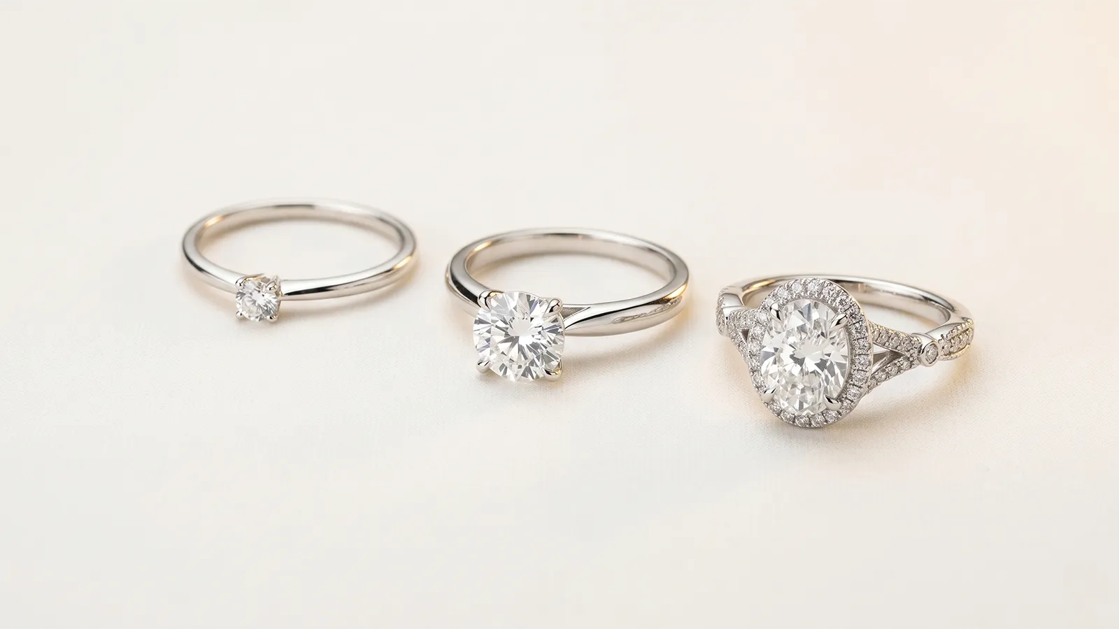Three engagement rings side by side representing different price points on a neutral off-white background